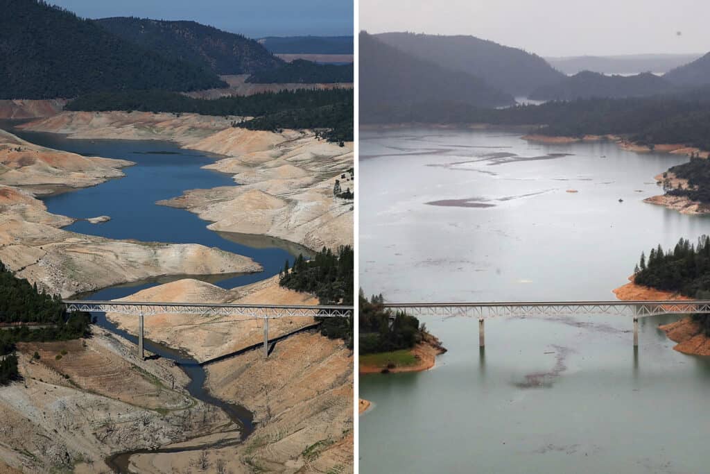 A side-by-side comparison of water levels at Lake Oroville in 2014 and 2017. On the left, the lake is nearly dry. On the right, the levels are nearly returned to normal.